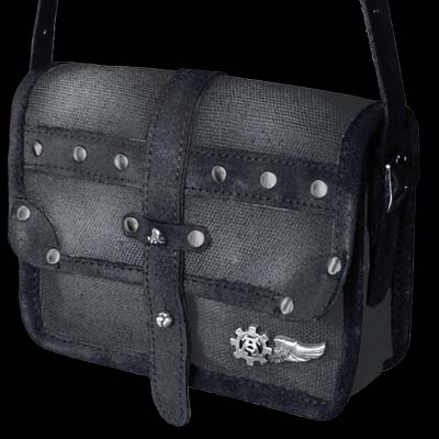 High-flying adventurer's shoulder purse of 'vintage' cotton canvas and leather, with adjustable strap. Approx. dimensions: 19cm (7�") wide X 14cm (5�") high X 6.5cm (2�") deep. 